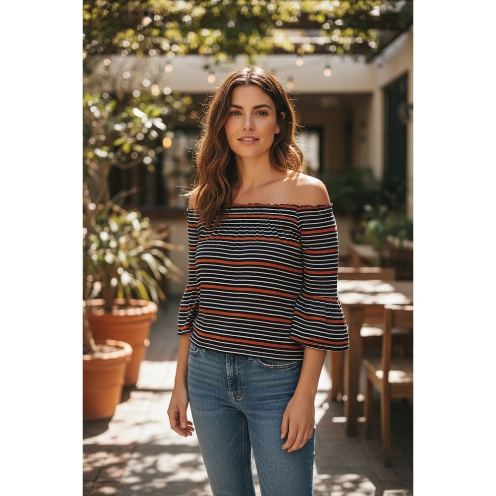Navy/Orange Striped‎ Off The Shoulder Bell Sleeve Top Women's Size S P Cha-cha